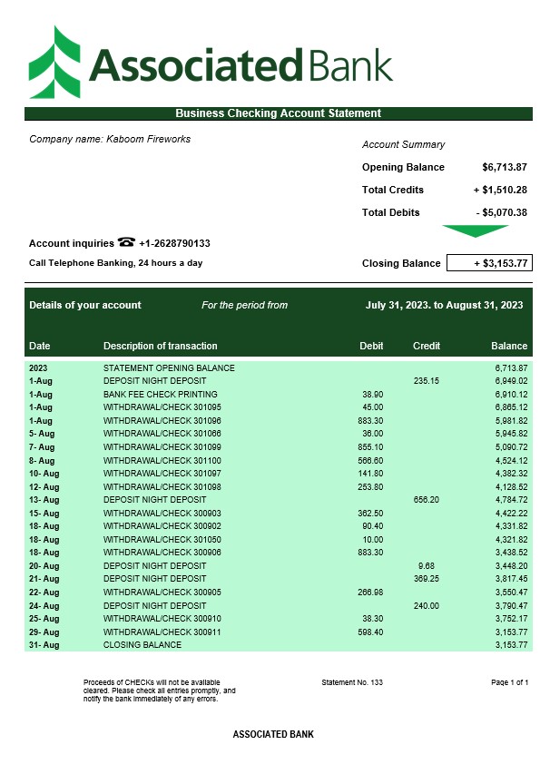 Modèle Word et PDF de relevé commercial d'Associated Bank
